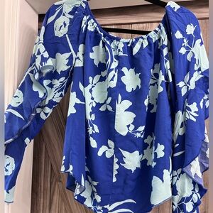 blue off-shoulder floral top